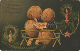 ** T2/T3 Kellemes Karácsonyi ünnepeket! Csókolózó Diócskák / Christmas Greeting, Kissing Walnuts. Wenau Postkarte Pastel - Non Classés