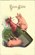 T3 1934 Boldog új évet. Malacok Pezsgővel / New Year Greeting, Pigs With Champagne. Litho (szakadás / Tear) - Non Classés