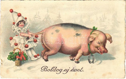 T2/T3 1927 Boldog új évet. Bohóc Kislány Malaccal / New Year Greeting, Pig. WSSB 9694. Litho (EB) - Non Classés