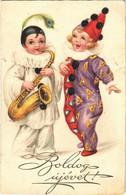 T2/T3 Boldog új évet! Bohóc Gyerekek / New Year Greeting, Clown Children. Cellaro Litho (EK) - Non Classés