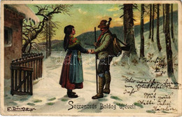 * T4 1903 Szerencsés Boldog Újévet! / New Year Greeting Art Postcard, Romantic Couple, Hunter With Rifle. Kunstverlag Ra - Non Classés