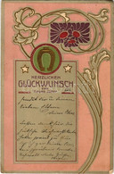 T2/T3 1906 Herzlichen Glückwunsch Zum Neuen Jahre! / New Year Greeting Art Postcard, Horseshoe. Art Nouveau, Emb. Litho  - Non Classés