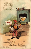 T3 1906 Boldog Újévet! / New Year Greeting Card, Dwarf With Love Letters. Alois Barsch Litho (fa) - Non Classés
