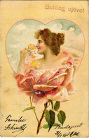 T2/T3 1901 Boldog Újévet! / New Year Greeting Art Postcard, Lady With Rose. Art Nouveau, Litho (EK) - Non Classés