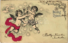 T2/T3 1901 Boldog Újévet! / New Year Greeting Art Postcard, Angels With Clover, Champagne. Art Nouveau, Emb. Litho (EB) - Non Classés