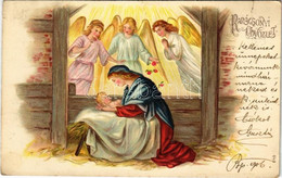 * T4 1906 Karácsonyi üdvözlet / Christmas Greeting Art Postcard, Mary With Baby Jesus And Angels. Emb. Litho (apró Lyuk  - Non Classés