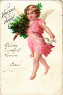 * T4 Karácsonyi üdvözlet / Christmas Greeting Card, Angel With Christmas Tree. Litho (EM) - Non Classés