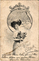 * T3 1905 Viel Glück / New Year Greeting Card, Lady With Pig And Clover. Art Nouveau (Rb) - Non Classés