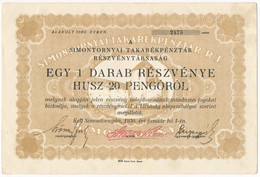 Simontornya 1930. "Simontornyai Takarékpénztár R.t." Részvénye 20P-ről Szelvényekkel T:II - Non Classificati