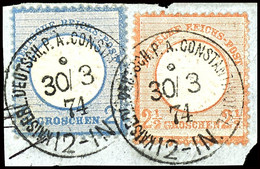 2 Gr. Und 2 1/2 Gr. Großes Schild, Gestempelt "KDPA CONSTANTINOPEL 30.3.74" Auf Briefstück, Mi. 220,- +, Katalog: V20,21 - Turchia (uffici)