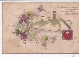 Cpa Gaufrée / Poissons, Lettre Et Branches De Lilas "De Bon Coeur, Recevez Ce Poisson.... Mon Affection" - Sonstige & Ohne Zuordnung