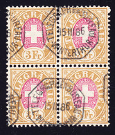 1886 3 Fr Faserpapier Gestempelter 4er Block, Telegraphen Bureau Winterthur. - Telegraafzegels