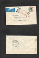 South Africa. 1935 (April) Hanat - India, Calcutta (4 May 35) Fkd Env 6d Rate + Aux Violet Cachet "Insuf Paid For Airmai - Otros & Sin Clasificación