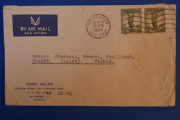 I 14 AUSTRALIA  BELLE LETTRE 1953  PAR AVION MELBOURNE  POUR ROANNE  FRANCE  + PAIRE DE T.P + AFFRANCHISSEMENT PLAISANT - Lettres & Documents