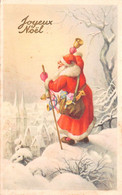 Carte Postale Fantaisie De NOËL - PERE  NOËL-SANTA CLAUS Dans Village Sous La Neige Avec Clochette - Santa Claus