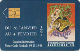 TÉLÉCARTE PHONECARD MONACO FESTIVAL INTERNATIONAL DE CIRQUE 1992  50 UNITÉS  UTILISÉE - Monaco