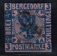 Strichstempel, Roter Stempel Plus Federzug Auf 3 Shilling Rosa - Bergdorf Nr. 4 - Bergedorf