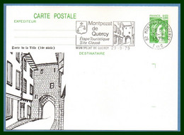 Entier Cp Repiqué MONTPEZAT DE QUERCY 1979 Flamme Etape Touristique TB Porte De La Ville - Montpezat De Quercy