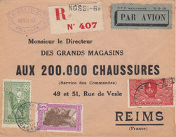 LETTRE MADAGASCAR. 21 SEPT 1938. PAR AVION. RECOMMANDE NOSSI-BE POUR REIMS VIA TANA - Lettres & Documents