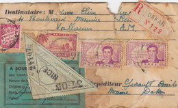 ETIQUETTE COLIS. 1941. SENEGAL. MARINE DE  DAKAR POUR VALAURIS. 2 ETIQUETTES DE DOUANE ET TAXE 3Fr - Storia Postale