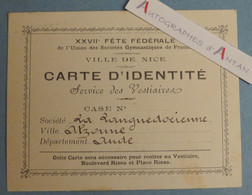 NICE - XXVIIè Fête Sociétés Gymnastiques De France - Carte D'identité La Languedocienne (Alzonne - Aude) Vestiaire Risso - Cartes De Membre