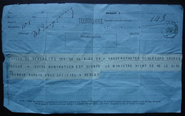 1873 Télégramme De Versailles Pour Lille Mr Vanderstraten, Nomination Par Le Ministre, Signé Descat Cachet Lille Central - Telegramas Y Teléfonos