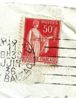 Enveloppe 1936 - Aff PAIX 50c Type IIB Roulette - Coil Stamps