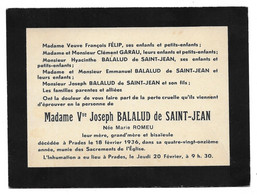 1936 PRADES (66) - MARIE ROMEU NEE EN 1845 VEUVE BALALUD DE SAINT JEAN - CARTON D AVIS DE DECES - Obituary Notices