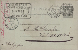 GIRONDE - BORDEAUX - SAGE - ENTIER POSTAL 10c - DU 8 MAI 1893 POUR ANVERS BELGIQUE. - 1877-1920: Semi Modern Period