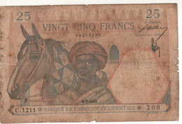 FRENCH WEST AFRICA   25 Francs    P22   Dated 9-3-1939   Lion At Back - États D'Afrique De L'Ouest