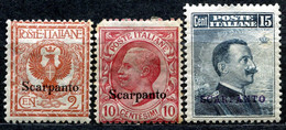 Z2270 ITALIA ISOLE DELL'EGEO SCARPANTO 1912 Sassone 1, 3, 4 MH*, Val. Cat. Sassone: € 86, Ottime Condizioni - Ägäis (Scarpanto)