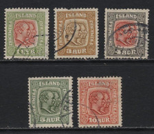 Iceland (31) 1915 Christian IX & Frederick VIII 5 Values. P14 X 14½. Used. - Neufs