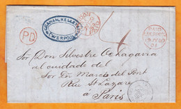 1859 - 2 Page Folded Letter In Spanish From Liverpool, England To Paris, France Via London & Calais - Marcophilie