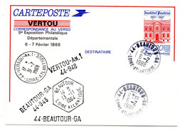Entier CP --Institut Pasteur--9° Expo Philatélique--VERTOU-44--Cachets Et Griffes Linéaires BEAUTOUR Et VERTOU-44 - Standard Postcards & Stamped On Demand (before 1995)