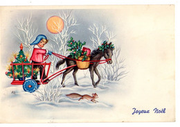 Joyeux Noel --1954--signée AS  -Attelage Avec Enfant,sapin Et écureuil....timbre Monaco....à Saisir - Weihnachten