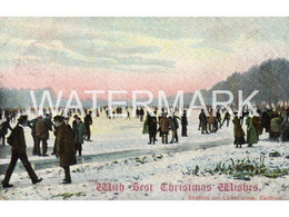 BEDFORD SKATING ON LONGHOLME OLD COLOUR POSTCARD BEDFORDSHIRE CHRISTMAS WISHES - Bedford