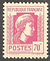 FRA0635MNH - Gouvernement Provisoire - Série D'Alger - Marianne D'Alger - 70 C MNH Stamp - 1944 - France YT 635 - 1944 Coq Et Maríanne D'Alger