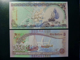 UNC Banknote Maldives 2000 5 Rufiyaa  P-18b Ship Fishing Boats - Maldivas