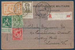 Belgique Carte Recommandé Mixte Anglais, Belges, Russe Obl " 6 Postes Militaires Belgique 6 " Pour Londres - Army: Belgium