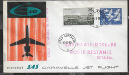 NORVEGIA - PRIMO VOLO - FIRST FLIGHT SAS CARAVELLE OSLO-ISTANBUL - 15.5.1959 SU BUSTA UFFICIALE - Lettres & Documents