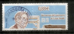 ANDORRE. Système D’écriture Tactile LOUIS BRAILLE,  Timbre Oblitéré, 1 ère Qualité - Used Stamps