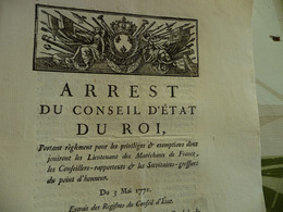 Arrest Conseil D'état Du Roi 03/05/1771 Privilèges Et Exemption Pour Les Lieutenants Et Maréchaux.... - Décrets & Lois