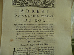 Arrest Conseil D'état Du Roi 03/05/1771 Privilèges Et Exemption Pour Les Lieutenants Et Maréchaux.... - Wetten & Decreten