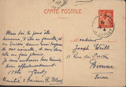 Entier Iris 1,50 Orange CAD Marseille Gare Départ 1941 Pour Bienne Suisse Storch Cote 50 Euros - Standard Postcards & Stamped On Demand (before 1995)