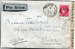 FRANCE LETTRE PAR AVION CENSUREE DEPART LYON-GROLEE 6-3-41 RHONE POUR L'ALGERIE - 1945-47 Ceres De Mazelin
