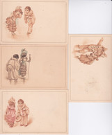 Lot 4 Cartes_  Illustration Pierrot En Mise En Scène Avec  Femme Masquée Bal - Carnaval