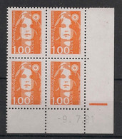 France - 1990 - N°Yv. 2620 - Marianne De Briat 1f Orange - Bloc De 4 Coin Daté - Neuf Luxe ** / MNH / Postfrisch - 1990-1999