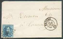 N°15 - Médaillon 20 Centimes Bleu, Obl. LP. 58 Sur Enveloppe De BRUGES Le 11 Sept. 1864 Vers Tournay Expéditeur VANDEVEL - 1863-1864 Medaillen (13/16)