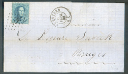 N°15 - Médaillon 20 Centimes Bleu, Obl. LP. 374 Sur Lettre De VERVIERS le 6 Février 1865 Vers Bruges.  - TB  - 16886 - 1863-1864 Medaillen (13/16)