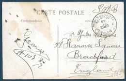 Belgique Carte Arras Detruit Obl "Postes Militaires Belgique" 9 Gratté ! Pour Bradford Angleterre Ligne Albert Par Avion - Army: Belgium